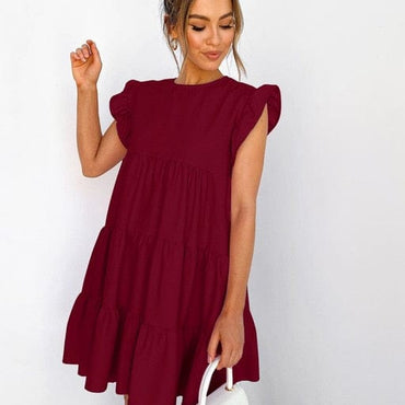 Summer Ruffle Mini Dress Women Solid Color Lady Dresses O Neck Casual Loose Dresses Butterfly Sleeve Short Dress Vestidos - east2cart.uk