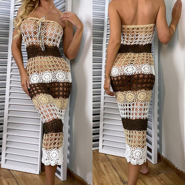 Women Lace Crochet Stitching Maxi Dress Beach Dress Bohemian Summer Casual Dress Cover Up Swimsuit Beachwear - east2cart.uk