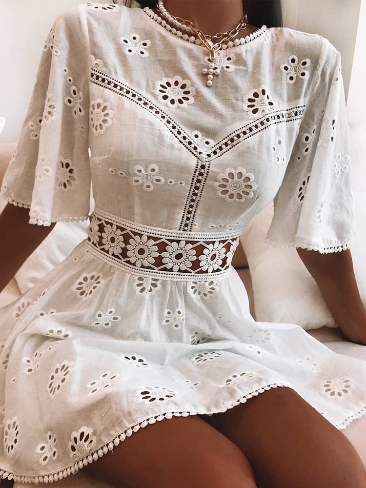 Elegant White Embroidery Cotton Dress - east2cart.uk