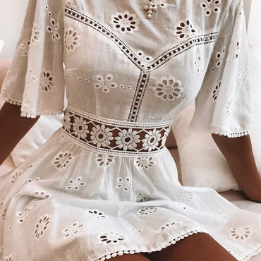 Elegant White Embroidery Cotton Dress - east2cart.uk