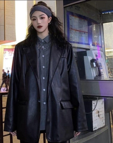 Black Leather Vintage Warm Loose Jacket