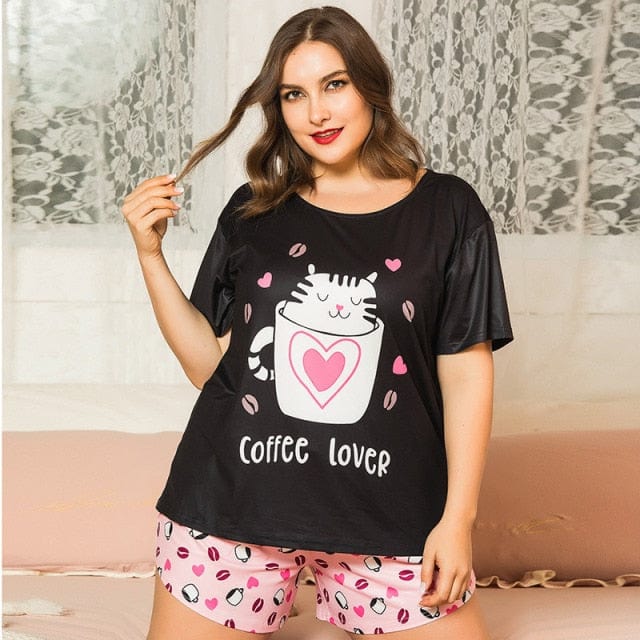 Plus Size Pajama Sets Women Summer Sleepwear Cotton Cute Cartoon Short Sleeve Two Piece Set Homewear Sexy Pjs Lounge Nightwear - east2cart.uk