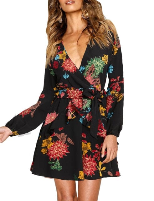 Ladies Sexy Deep V Neck Floral Printed Mini Party Dress - east2cart.uk