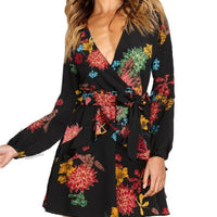 Ladies Sexy Deep V Neck Floral Printed Mini Party Dress - east2cart.uk