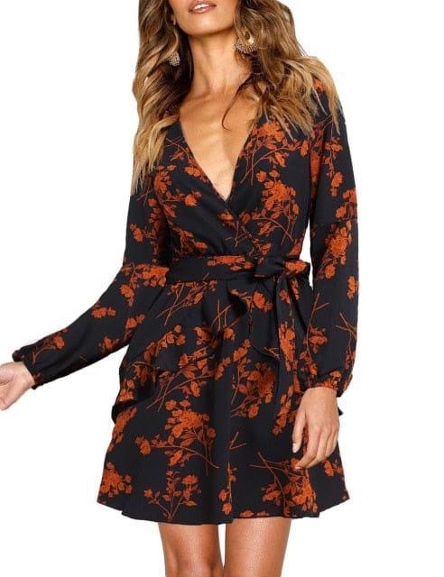 Ladies Sexy Deep V Neck Floral Printed Mini Party Dress - east2cart.uk