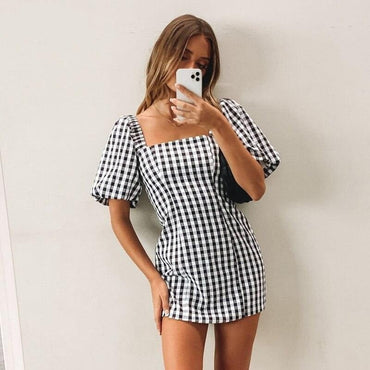 Vintage Square Neck Plaid Print Mini Dress - east2cart.uk