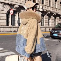 Plush Denim Hooded Fur Jacket