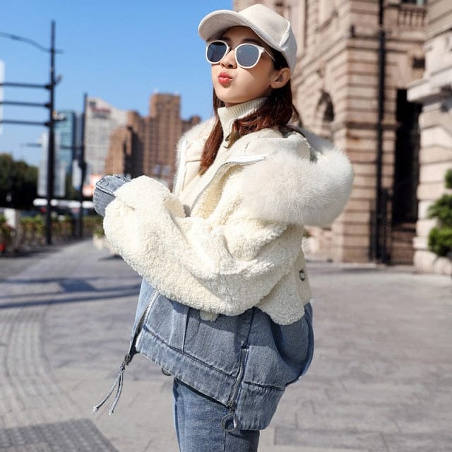 Plush Denim Hooded Fur Jacket