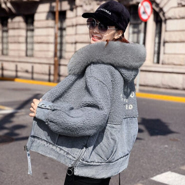 Plush Denim Hooded Fur Jacket