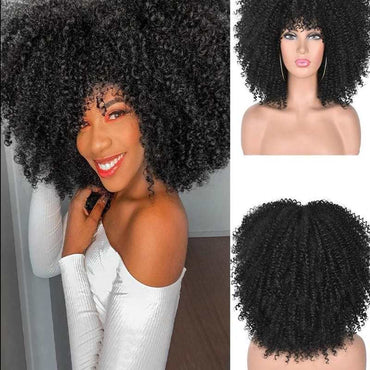 14"Short Afro Kinky Curly Wigs With Bangs