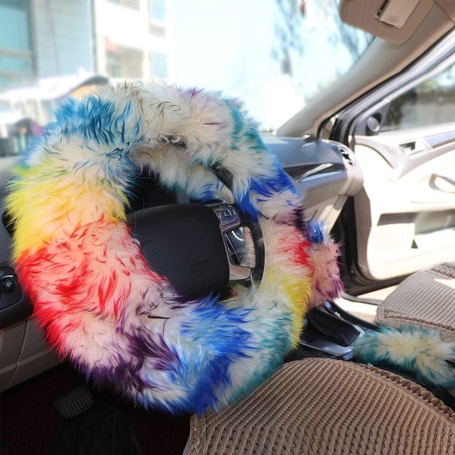 3PCS Fur Steering Wheel Cover Set