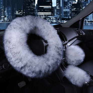 3PCS Fur Steering Wheel Cover Set