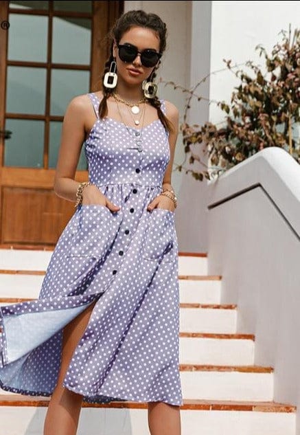 Simplee Casual Polka Dot Dress Sleeveless Holiday style high waist buttoned women's Dress Fashion Mid-length summer dresses NEW - east2cart.uk