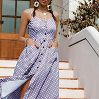 Simplee Casual Polka Dot Dress Sleeveless Holiday style high waist buttoned women's Dress Fashion Mid-length summer dresses NEW - east2cart.uk