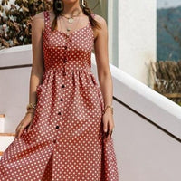 Simplee Casual Polka Dot Dress Sleeveless Holiday style high waist buttoned women's Dress Fashion Mid-length summer dresses NEW - east2cart.uk