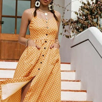 Simplee Casual Polka Dot Dress Sleeveless Holiday style high waist buttoned women's Dress Fashion Mid-length summer dresses NEW - east2cart.uk