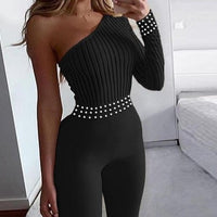 Single Shoulder Long Sleeve Beads Design Jumpsuit