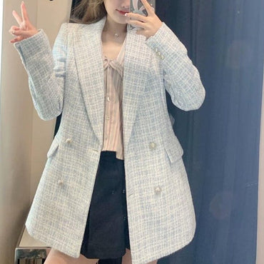 Za 2021 Women Suit Jacket Tweed Blazer Women Jacket Femme Plaszcz Wiosenny Damski Sobrecamisa Cuadros Plaid Checkered Blazer - east2cart.uk