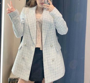 Za 2021 Women Suit Jacket Tweed Blazer Women Jacket Femme Plaszcz Wiosenny Damski Sobrecamisa Cuadros Plaid Checkered Blazer - east2cart.uk