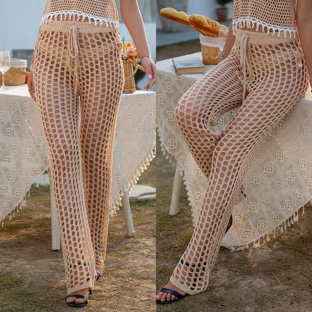 Women Crochet Beach Wide Leg Pants See Through Swimwear Bikini Cover Up Lady Sexy Hollow Out Long Trousers - east2cart.uk