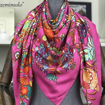 Luxury Brand 100% Twill Silk Scarf Square 130*130cm Scarf Scarves New Design Print Kerchief Women Neck Shawl Wraps Echarpe Hijab - east2cart.uk