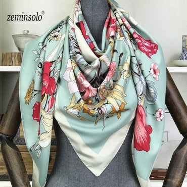 Luxury Brand 100% Twill Silk Scarf Square 130*130cm Scarf Scarves New Design Print Kerchief Women Neck Shawl Wraps Echarpe Hijab - east2cart.uk