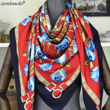 Luxury Brand 100% Twill Silk Scarf Square 130*130cm Scarf Scarves New Design Print Kerchief Women Neck Shawl Wraps Echarpe Hijab - east2cart.uk