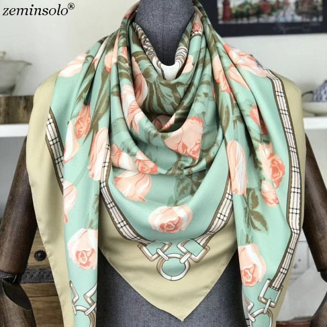 Luxury Brand 100% Twill Silk Scarf Square 130*130cm Scarf Scarves New Design Print Kerchief Women Neck Shawl Wraps Echarpe Hijab - east2cart.uk