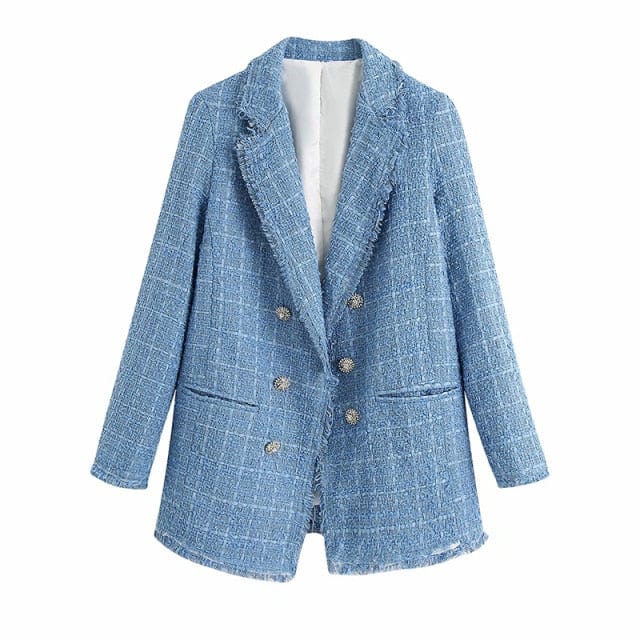 Za 2021 Women Suit Jacket Tweed Blazer Women Jacket Femme Plaszcz Wiosenny Damski Sobrecamisa Cuadros Plaid Checkered Blazer - east2cart.uk