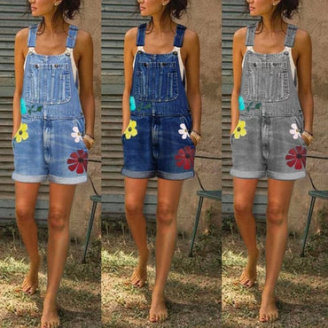 Tooling jeans women's slim Jumpsuit 2021 spring and summer new women's suspender shorts work clothes Street printed casual Jumps - east2cart.uk