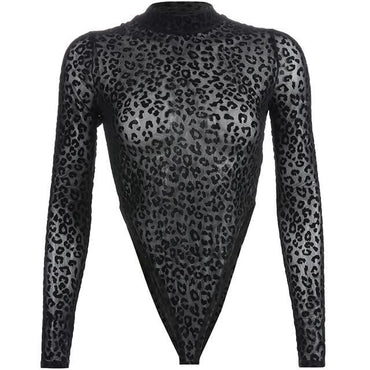 Transparent Mesh Cheetah Print Long Sleeve Bodysuit - east2cart.uk