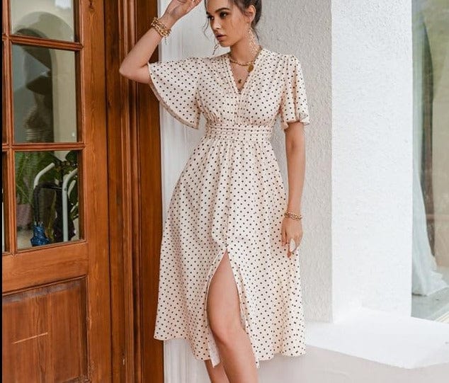 Simplee Chic polka dot botton a-line dress women Bell sleeve high waist maxi dress elegant Office lady dresses spring summer2021 - east2cart.uk