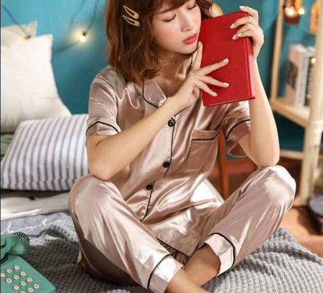 Womens Silk Satin Pajamas Pyjamas Set Sleepwear Pijama Couple Pajamas Suit Female Sleep Two Piece Set Men Loungewear Plus Size - east2cart.uk