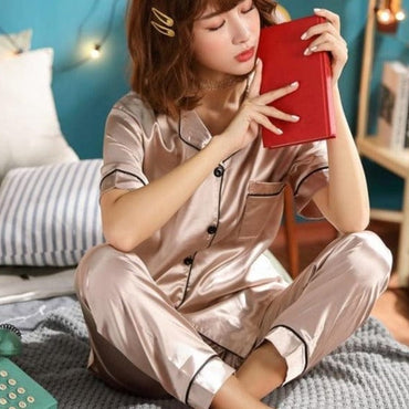 Womens Silk Satin Pajamas Pyjamas Set Sleepwear Pijama Couple Pajamas Suit Female Sleep Two Piece Set Men Loungewear Plus Size - east2cart.uk