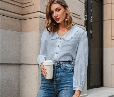 Simplee Elegant white autumn winter women blouse Vintage doll collar long sleeve female shirt New fashion pocket blouse 2020 - east2cart.uk