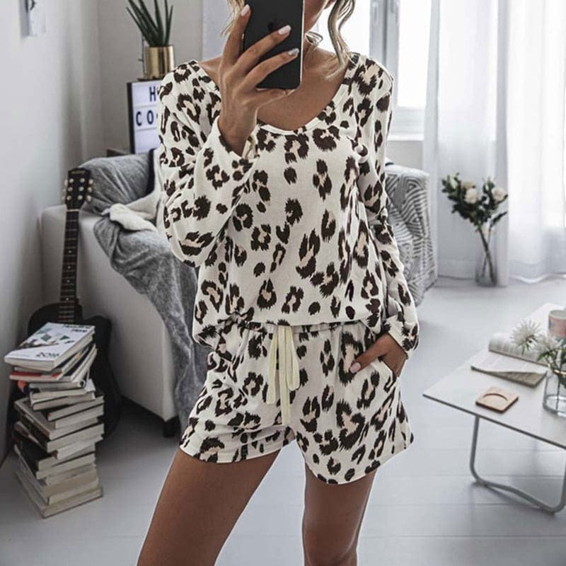 Leopard Pajama Set Summer Women Lounge Wear Set Casual Spring Pyjamas Sleepwear Ladies Home Suit Female Pajamas Top Pants 1 set - east2cart.uk