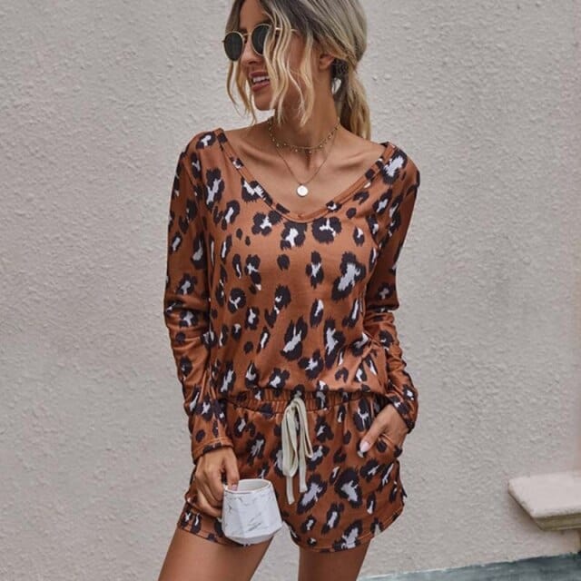 Leopard Pajama Set Summer Women Lounge Wear Set Casual Spring Pyjamas Sleepwear Ladies Home Suit Female Pajamas Top Pants 1 set - east2cart.uk