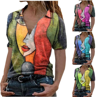 Summer Portrait Printing V Neck Short Sleeved Top Women's Casual Loose Fashion Large Size T Shirt - east2cart.uk