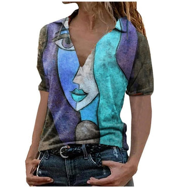 Summer Portrait Printing V Neck Short Sleeved Top Women's Casual Loose Fashion Large Size T Shirt - east2cart.uk