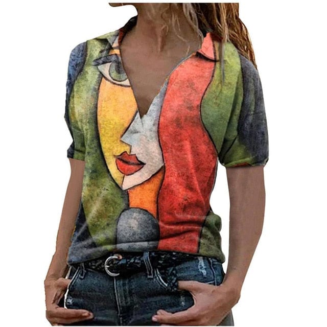 Summer Portrait Printing V Neck Short Sleeved Top Women's Casual Loose Fashion Large Size T Shirt - east2cart.uk