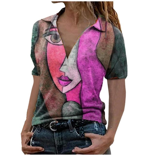 Summer Portrait Printing V Neck Short Sleeved Top Women's Casual Loose Fashion Large Size T Shirt - east2cart.uk