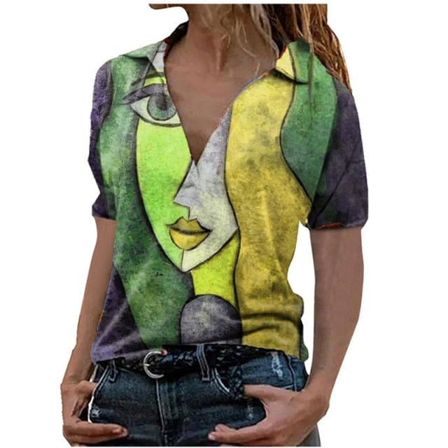 Summer Portrait Printing V Neck Short Sleeved Top Women's Casual Loose Fashion Large Size T Shirt - east2cart.uk