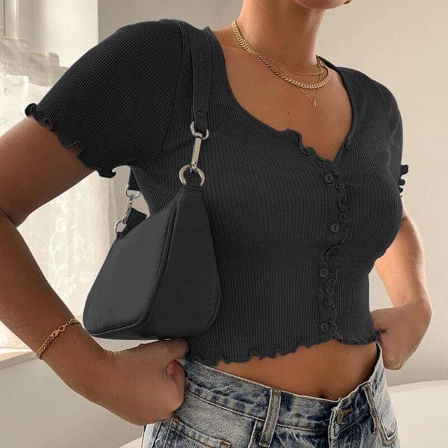 Summer Hot Streetwear Women Ladies Short Sleeve Crop Top Ruffle T-shirt Basic Femme Tank Party Bodycon Stretch Vest Tee Tops - east2cart.uk