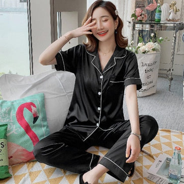 Womens Silk Satin Pajamas Pyjamas Set Sleepwear Pijama Couple Pajamas Suit Female Sleep Two Piece Set Men Loungewear Plus Size - east2cart.uk