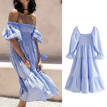 Sky Blue Plaid Summer Midi Dress - east2cart.uk