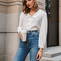Simplee Elegant white autumn winter women blouse Vintage doll collar long sleeve female shirt New fashion pocket blouse 2020 - east2cart.uk