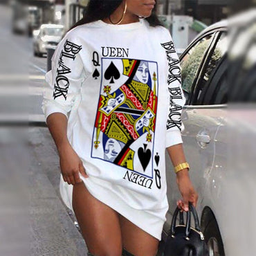 Poker Print Long Sleeve Winter Dress