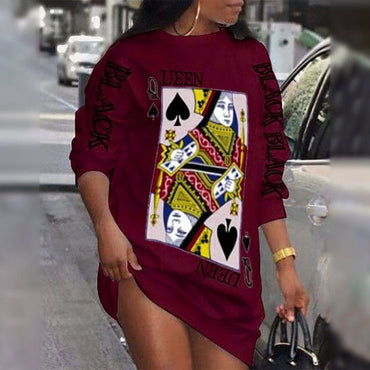 Poker Print Long Sleeve Winter Dress