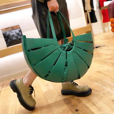 Women Hollow Woven Genuine Leather Handbag Shoulder Messenger Bag Semi Circular Real Leather Personality Top-handle Bag 2021 New - east2cart.uk