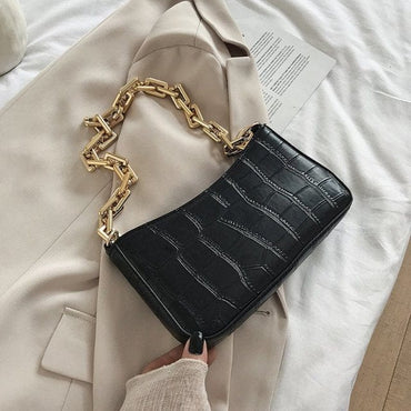 Stone Pattern PU Leather Metal Chain Handbag